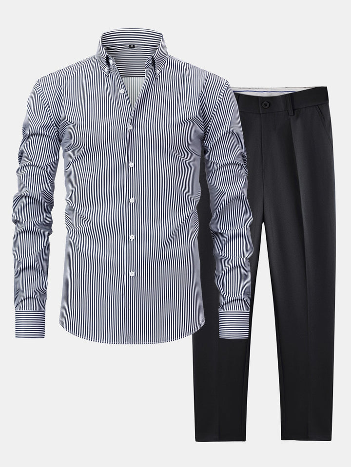 Chemise à rayures à manches longues avec boutons & pantalon fuselé slim fit